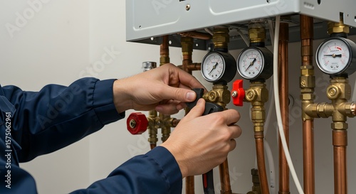 Professional Plumber Inspecting and Adjusting Boiler System Pipes and Gauges for Home Heating Maintenance