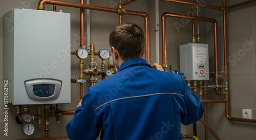 Professional Technician Servicing Modern Residential or Commercial Boiler Heating System with Copper Pipes and Gauges