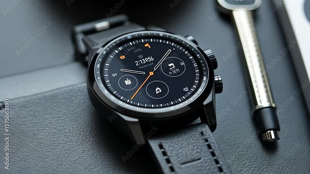 Close up shot of a black smartwatch with a digital display next to a silver metallic stylus on a dark surface. The watch and stylus are well-lit Close up shot of a black smartwatch with a digital display next to a silver metallic stylus on a dark surface. The watch and stylus are well-lit