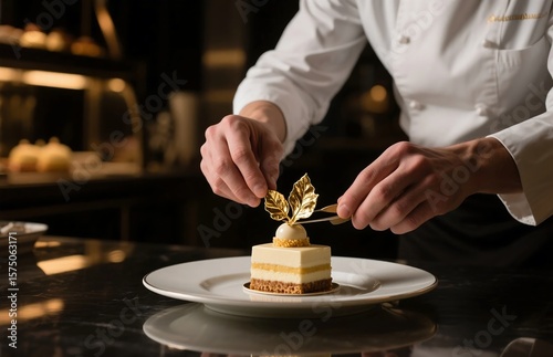 Luxury pastry chef assembling dessert with edible gold, dramatic kitchen lighting and cinematic close-up, gourmet culinary photography for fine patisserie branding