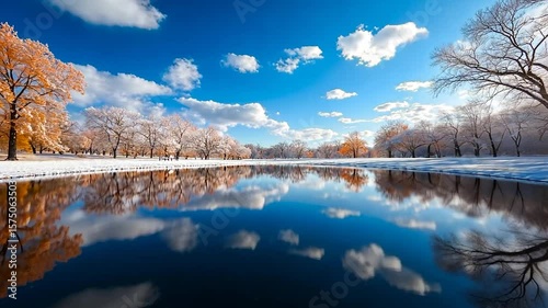 Serene winter landscape with snow-covered trees reflected in a calm lake under a bright blue sky. The scene is filled with vibrant colors and peaceful atmosphere