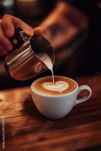Pouring milk into latte art to create a delightful heart design atop a steaming cup of coffee on a wooden table, warm and inviting.