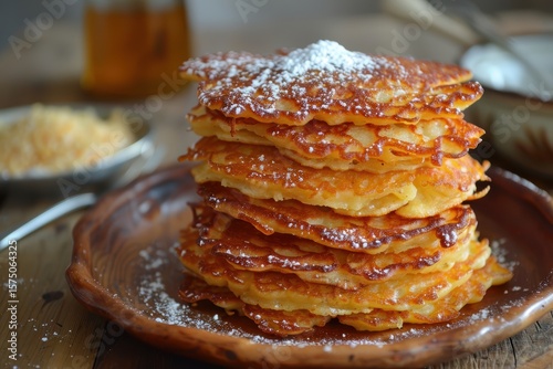 Tasty thin pieces of newly baked pie filled with powdered sugar. Aerial view of a vertical display