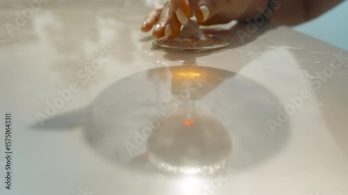 Extreme close up of cocktail glass base casting circular light reflection on wet table near pool, artistic focus, Poolside Aesthetic Concept