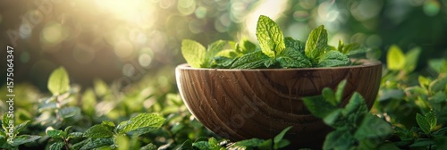 Bowl filled with fresh mint leaves, ideal for summer beverages. Herb still life capturing refreshing ingredients for drinks