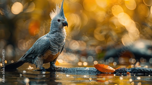 Grey go away bird sipping from a waterhole, identified as Corythaixoides concolor in the Musophagidae family