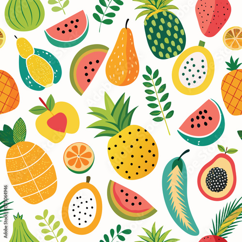 Colorful fruit pattern with tropical leaves