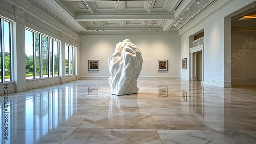 An interior shot of a modern art museum gallery featuring a large abstract white sculpture a marble floor and large windows