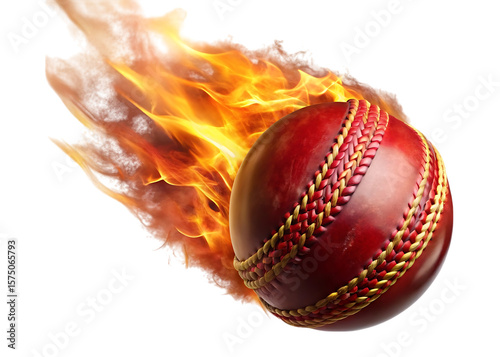 Red cricket ball with golden stitching engulfed in flames isolated on a transparent background sports