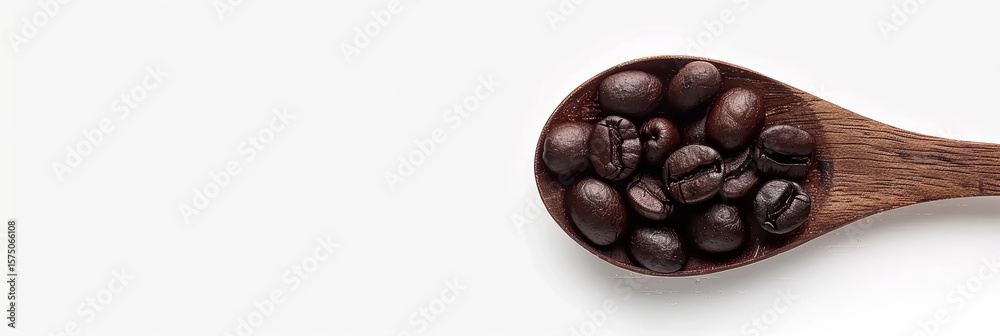 Fototapeta premium Coffee beans piled on a wooden spoon against a light backdrop