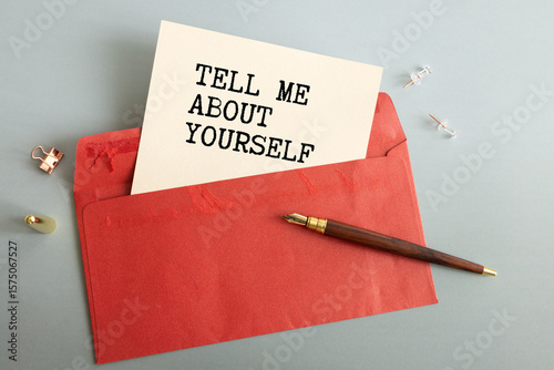 Tell me about yourself, text words typography written on paper against wooden background