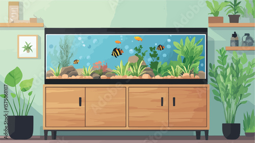 Modern Rectangular Fish Tank on Wooden Cabinet Interior Decor