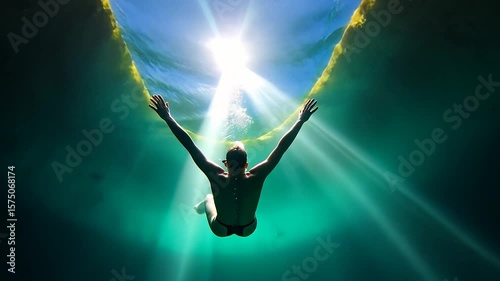 Person with arms raised underwater beneath the sunlit opening of a cenote. Shafts of light illuminate the turquoise water creating a dramatic scene