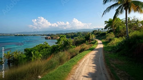 Scenic coastal landscape with turquoise waters a dirt road winds through lush greenery palm trees under a bright blue sky with white clouds