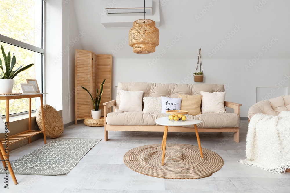 Obraz premium Interior of light living room with white sofa, armchair and coffee table