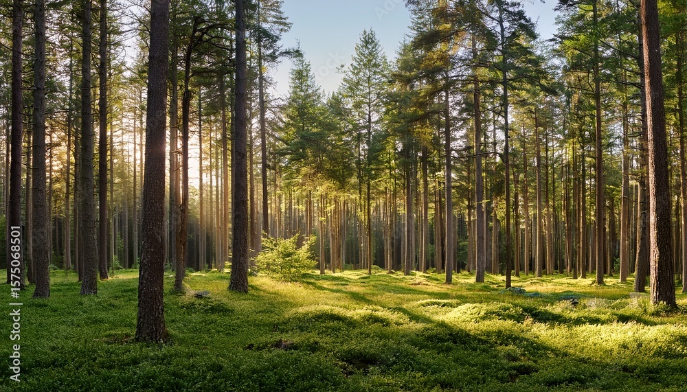 Fototapeta premium a serene forest clearing bathed in dappled sunlight with towering pine trees