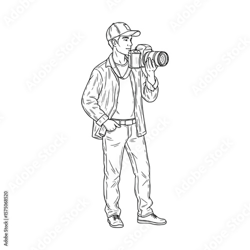 Standing cameraman with DSLR camera capturing professional shots. Vector Illustration