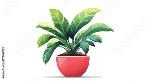 Vibrant Red Flower Pot with Green Plant and Soil