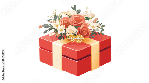 Elegant Red Wedding Square-Shaped Box with Golden Ring