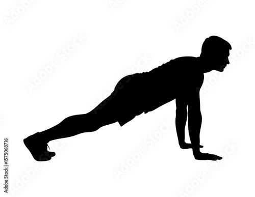 Silhouette of man in plank exercise suitable for fitness blogs, workout programs, gym advertisements, health magazines, and wellness websites.