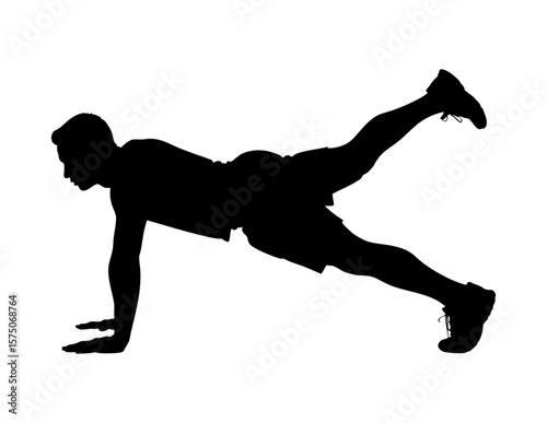 Silhouette of a man doing a plank exercise, ideal for fitness blogs, workout guides, gym advertisements, health magazines, and wellness websites.
