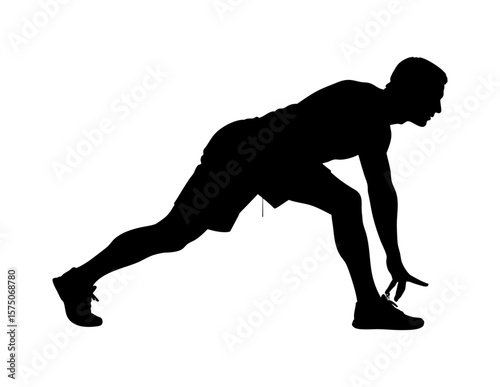 Mans silhouette stretching his legs. Perfect for fitness blogs, exercise equipment ads, sports supplements. Man stretching legs in silhouette, workout concept in vector illustration.