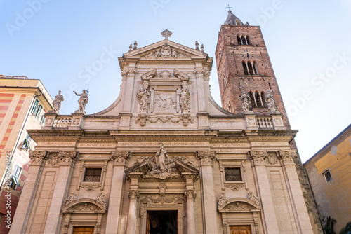 Details view the parish S. Ambrogiy Der Vaszez, the Liguria region, the province of Savona, Italy. A wonderful vision of the baroque architecture of the church on a charming square