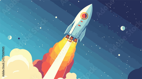 Vibrant Colored Illustration of Rocket Flying in Stratosphere