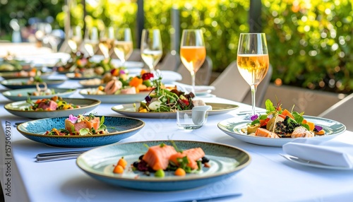 Elegant Outdoor Dining Experience: Exquisite Salmon Dishes and Ros? Wine