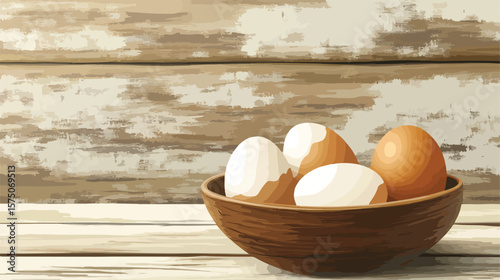 Side View of Boiled Eggs with Bowl on Wooden Surface