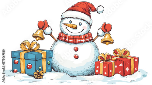 Festive Snowman Holding Jingle Bells and Gifts Vector Illustration