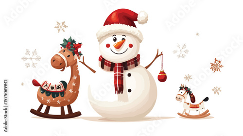Cheerful Snowman with Jingle Bells and Rocking Horse