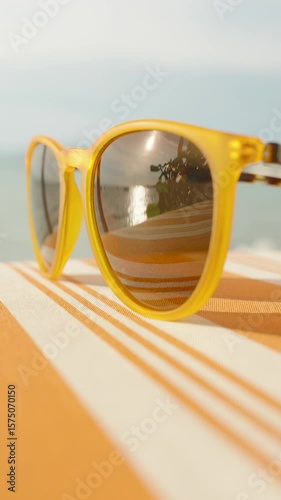 Vertical video. Yellow sunglasses placed on striped orange sunbed with ocean view in background, bright lighting and reflection, Summer Vibe Concept