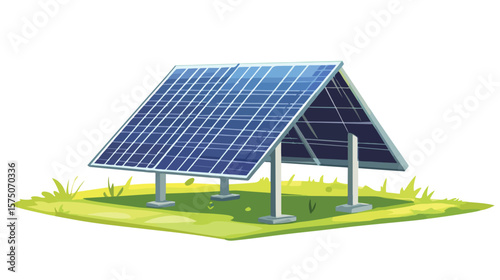 Solar Panel Standing on Green Ground Square for Renewable Energy Concept
