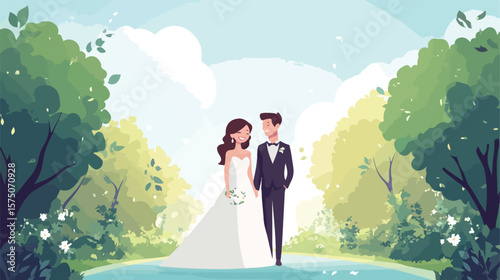 Trendy Newlywed Couple Posing Happily in Stylish Attire