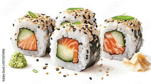 Sushi with Fresh Cucumber, Ginger, Wasabi, and Soy Sauce