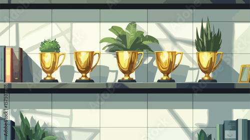 Realistic Trophy Awards Shelf Composition for Recognition Visuals