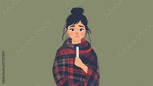 Unpleased Young Ill Girl Wrapped in Plaid Holding - Medical Concept