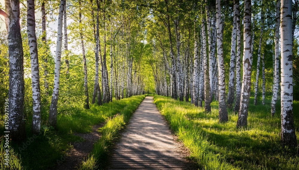 Fototapeta premium sunlit forest pathway lined with birch trees and green grass in a natural woodland landscape under sunlight