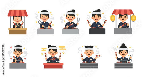 Cheerful Skewer Chef Characters - Food Stall Set