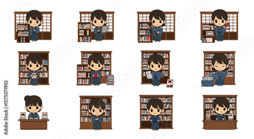 Cartoon Librarian Character Poses with Bookshelves