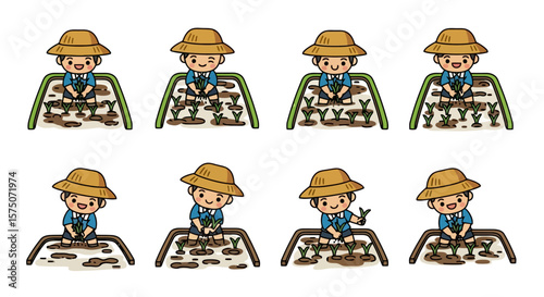 Cartoon Farmer Sequence: Planting and Nurturing Crops