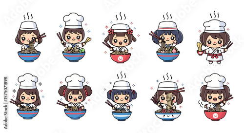 Cartoon Chefs Serving Noodle Bowls - Kawaii Culinary Art