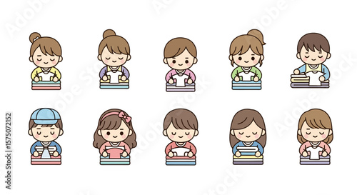 Diverse Students Reading: Cute Cartoon Characters