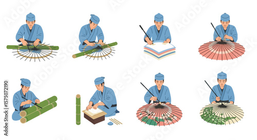 Japanese Umbrella Crafting Stages: Illustration