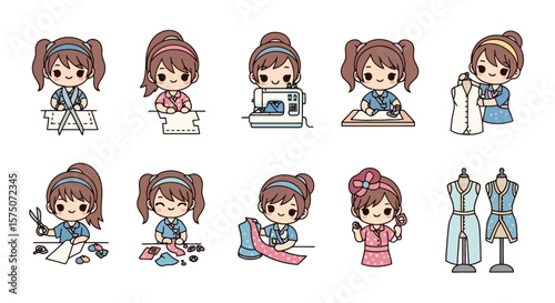 Cute Seamstress Character Set: Sewing & Design Illustrations