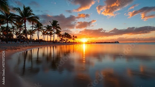 Scenic sunset over a beach with generic trees silhouette with golden orange and blue color reflection in water