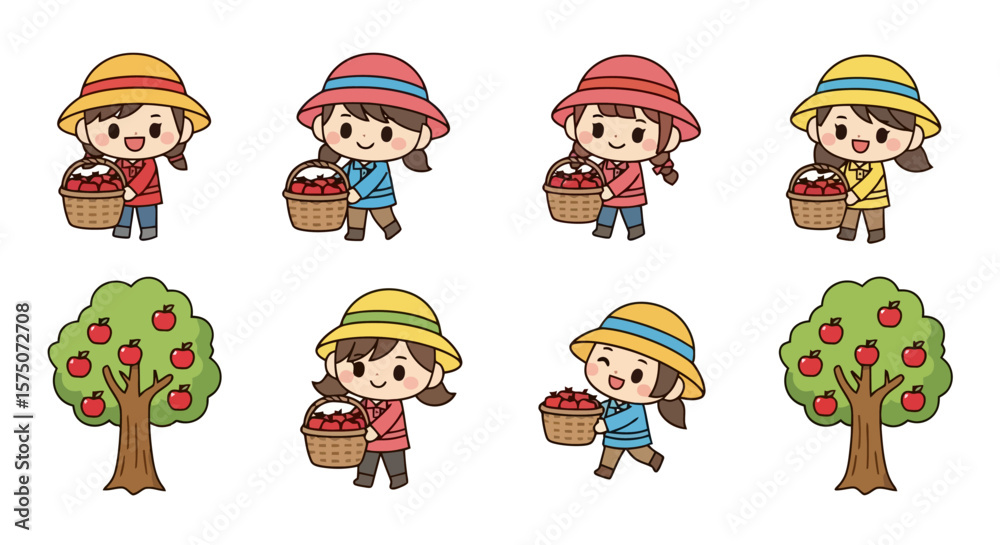Fototapeta premium Apple Harvest Cartoon: Cute Girls and Trees