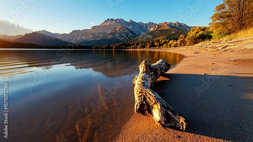 Scenic landscape video featuring a tranquil lake reflecting mountains and sky with a driftwood log on the sandy beach. The video captures the warm glow of sunset with golden light and clear water