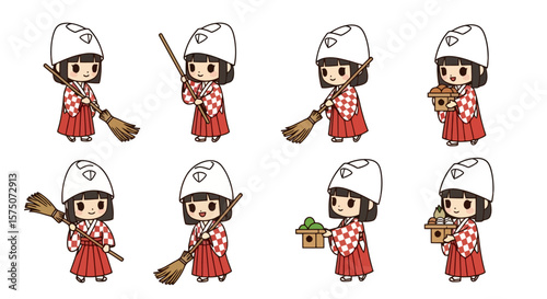 Miko Cleaning Sprite Set: Cute Cartoon Shrine Maiden Character